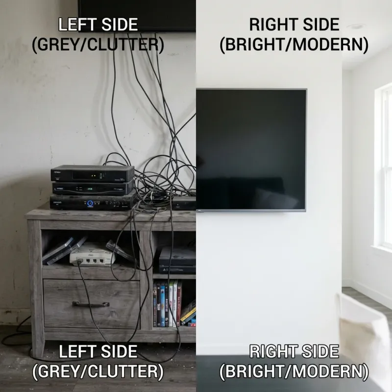 Comparison between messy cable setup and clean IPTV setup